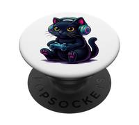 Gamer Cat Black Cute Kitten Video Games Anime Colorido Aesthetic PopSockets PopGrip Adhesivo