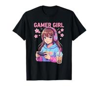 Gamer Cat Kawaii Boba Tea Japanese Blossom Camiseta