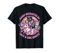 Gamer Cats Side Quest Distracted Cute Nerd Girl Unicorn RPG Camiseta