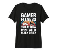 Gamer Fitness Sweat Now Win Later Walk Daily Gaming Workout Camiseta Premium