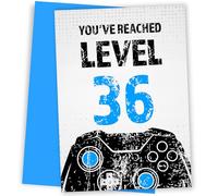 Gamer - Tarjeta de cumpleaños 36 para niño, tarjeta de cumpleaños de nivel 36 para hijo, bisnieto, sobrino o hermano, tarjeta de 36 cumpleaños, jugador, color azul