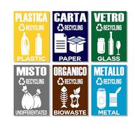 GamesMonkey - Adhesivos para recogida selectiva de reciclaje de residuos v2 - Impermeables lavables ilustrado - Italiano inglés - Conforme a la normativa UNI 11686 (6 unidades, 21 x 30 cm - A4)