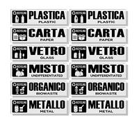 GamesMonkey® - Pegatinas Recogida Separada Reciclaje Residuos Basura v5 - TRANSPARENTE - Impermeable Lavable Ilustrado - Italiano Inglés - Cumple con UNI 11686 (15x4 cm, 12 Piezas)