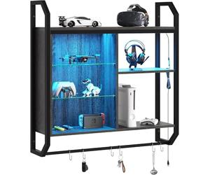 Gaming Estantes Flotantes,84CM LED Estante Montado en la Pared con Estante de Vidrio Ajustable,Estantes de Tubo Colgando Estante de Exhibición de Libros con 6 Gancho en forma de S,Juegos Vino Café Bar