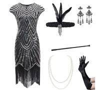 Gammify Vestido de noche para mujer de los años 20, con escote en V, cuentas y flecos, set de accesorios 20, Negro y plata, S