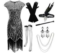 Gammify Vestido de noche para mujer de los años 20, cuello en V, lentejuelas, cuentas, flecos, vestido con conjunto de accesorios de 20, Negro y plateado, XL