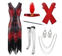 Gammify Vestido de noche para mujer de los años 20, cuello en V, lentejuelas, cuentas, flecos, vestido con flecos, conjunto de accesorios 20, rojo vino, L