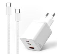 GAN - Cargador USB-C de 65 W, 3 Puertos, Cable USB-C de 1 m, 60 W, Nailon Blanco, Carga Ultra rápida PD, 2 USB-C + 1 USB-A, Compatible con MacBook iPhone Samsung Android