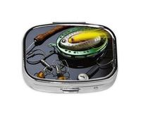 Gancho de pesca con caña de señuelo de pesca, pastillero de metal, organizador portátil de píldoras de viaje para bolsillo o bolso, caja de medicina decorativa, contenedor de vitaminas