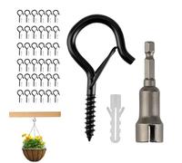 Gancho para atornillar, 36 unidades, color negro, con hebilla de seguridad, gancho de techo para cestas de plantas, nido para pájaros y campanas luminosas, contiene 1 taladro, atornillador eléctrico