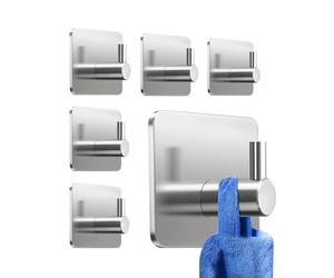 Ganchos Adhesivos para Pared Acero Inoxidable, 6 Piezas Plateado, Colgadores Adhesivos, Autoadhesivo Colgador Toallas, Accesorios para Baño Extrafuertes y Sin Taladro, Multi-Uso para Llaves y Ropa