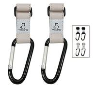 Ganchos Carro Silla Bebé de Lujo de marca Vizaro - 2 uds - Para Colgar Bolsas, Mochilas, etc - Correa de Cuero Blanco Abalone Alta Resistencia Hasta 15kg Peso - Argolla Cerrada Grande