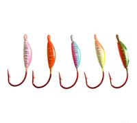 Ganchos de cabeza de plantilla, señuelos de pesca cepillados, diseño curvado de púas con colores vibrantes para pesca en hielo y aplicaciones de cebo pequeño (5 colores por caja)