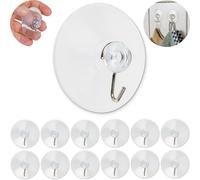 Ganchos de Ventosa, 12 piezas, Diámetro Ø 55 mm, en Transparente, con gancho metálico para baño, cocina, revestimiento pared, vidrio, espejo, uso universal, sin taladrar ni pegar, ventosas con gancho