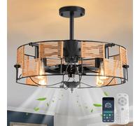 Ganeed Ventiladores de Techo con Luces Estilo Industrial Granja 49cm Candilejas Boho Ratán Jaula Lámpara Colgante E27 con Control Remoto Negro 4 Luces