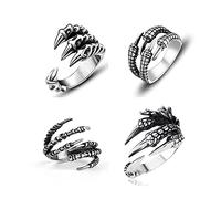 GANGYUN Juego de 4 anillos de dedo ajustables con diseño de estrella de mar, estrella de mar, flor de loto, yoga, lobo, águila, dragón, garra de dragón, Metal, aleación.