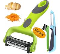 GANNK Peladores de patatas y manzanas y verduras para cocina, peladores I e Y para frutas, verduras, patatas, zanahoria, pepino, diseño giratorio 3 en 1 con juliana multifuncional
