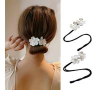 GANPUB 2 clips de bola de moño de flores blancas brillantes, hábiles para trenzar el cabello, moño largo y grueso para mujeres y niñas, accesorios para el cabello
