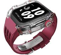 GANYUU Correa de goma de flúor transparente transparente para Apple Watch 8, 7, 6, 5, 4, SE de 44 mm, 45 mm, Ultra 49 mm, cubierta de cristal de policarbonato duro de repuesto para hombres y mujeres,
