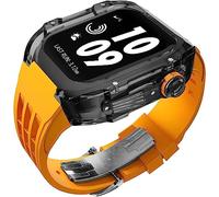 GANYUU Correa de goma de flúor transparente transparente para Apple Watch 8, 7, 6, 5, 4, SE de 44 mm, 45 mm, Ultra 49 mm, cubierta de cristal de policarbonato duro de repuesto para hombres y mujeres,