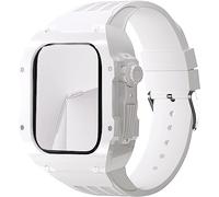 GANYUU Correa de goma de flúor transparente transparente para Apple Watch 8, 7, 6, 5, 4, SE de 44 mm, 45 mm, Ultra 49 mm, cubierta de cristal de policarbonato duro de repuesto para hombres y mujeres,