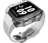 GANYUU Correa de goma de flúor transparente transparente para Apple Watch 8, 7, 6, 5, 4, SE de 44 mm, 45 mm, Ultra 49 mm, cubierta de cristal de policarbonato duro de repuesto para hombres y mujeres,