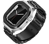 GANYUU Correa de reloj de acero inoxidable de una sola pieza con funda, compatible con Apple Watch 8, 7, SE, 6, 5, 4, 44 mm, 45 mm, kit de modificación, bisel de metal, carcasa de parachoques, 45mm,