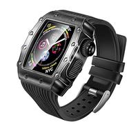 GANYUU Correa de silicona para reloj, carcasa de metal, película templada, pulsera anticaída tres en uno, para Apple Watch 9, 8, 7, 6, 5, 4, SE, 40 mm, 44 mm, 41 mm, 45 mm, correa de repuesto, 44MM,
