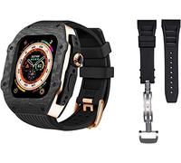 GANYUU Funda de fibra de carbono de lujo con kit de modificación de 2 bandas, para Apple Watch 8 Ultra de 49 mm, funda de correa de goma de silicona, para iWatch 8 7 6 5 4 SE de 45 mm y 44 mm, 44mm,