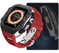 GANYUU Funda de fibra de carbono para reloj con correa de goma de flúor, para Apple Watch Ultra 8, 7, 6, 5, 4 SE, funda de reloj deportivo, kit de correa de goma, para iWatch Series de 44 mm, 45 mm,