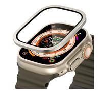 GANYUU Marco de metal de titanio para Apple Watch Ultra 2 49 mm Accesorios Película de vidrio templado antirrayas para la serie Ultra Estuche de pantalla(Silver)