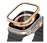 GANYUU Marco de metal de titanio para Apple Watch Ultra 2 49 mm Accesorios Película de vidrio templado antirrayas para la serie Ultra Estuche de pantalla(Gold)