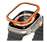 GANYUU Marco de metal de titanio para Apple Watch Ultra 2 49 mm Accesorios Película de vidrio templado antirrayas para la serie Ultra Estuche de pantalla(Orange)
