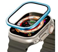 GANYUU Vidrio templado para Apple Watch Ultra 49mm marco de Metal de titanio película antiarañazos para accesorios protectores de pantalla Serie Ultra 2(Blue 4)