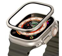 GANYUU Vidrio templado para Apple Watch Ultra 49mm marco de Metal de titanio película antiarañazos para accesorios protectores de pantalla Serie Ultra 2(Titanium 7)