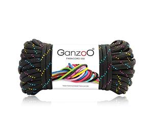 Ganzoo Paracord 550 con brillo, cordon 4 mm Schwarz-Bunt negro multicolor, 30 m en rollo, 7 hebras con funda nylon/poliester, para pulseras, llaveros, correas y collares de perro, camping y senderismo