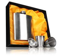 Ganzoo petaca de bolsillo Chrom en acero inoxidable 8 oz 23 cl, incluye 2 vasos de aguardiente y embudo de llenado, estuche de regalo con inserto de espuma, tapón roscado con retención, lavavajillas