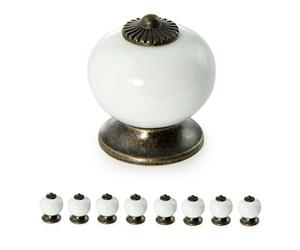 Ganzoo tiradores y pomos para muebles de porcelana/ceramica blancos, set de 8, redondos Ø 32 mm, fondo 23 mm, acabado brillo, estilo vintage shabby casa de campo, para cajon y armario