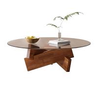 GAOAZHEN Mesa de Centro de Madera, Redonda de Vidrio, con veta rústica de Madera, Circular, Transparente, para Sala de Estar, hogar, Espacio pequeño, 80 cm