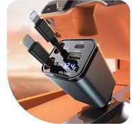 GaoBao Cargador retráctil para Coche de 69W, Adaptador de Carga 4 en 1 con Cables retráctiles y Pantalla de Voltaje, con Puertos USB/USB-C, Compatible con iPhone/Android/Samsung Galaxy/Google/iPad