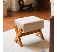 GAOCUNBING Taburete de pie multiusos, taburete otomano, patas en X y cojín de espuma gruesa, reposapiés de tela de lino para dormitorio, sala de estar y cocina de madera, 1 unidad