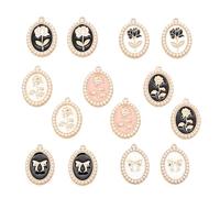 Gaodercha 14 unidades de 7 diseños ovalados de rosas con cuentas esmaltadas con forma ovalada de oro y rosas, colgantes de aleación con pétalos de rosa para hacer joyas, manualidades