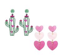 Gaodercha 2 pares de aretes de gota con dije de cactus, aretes de acrílico vintage con corazón rosa, aretes colgantes de triple corazón, aretes colgantes bohemios florales para uso diario y fiesta