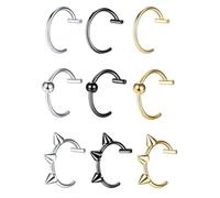 Gaodercha 9 anillos para el septum, acero inoxidable, clip en falso labio, nariz, tabique, anillos para el vientre, labio, piercing de sonrisa, piercing de hélice falsa, pendiente de acero inoxidable