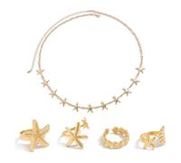 Gaodercha Seashell Starfish joyas Set con 1pc Gold Starfish cintura cinturón y 3pcs Seashell Beach Wave Anillos Starfish Mermaid Disfraz para mujeres verano mar playa vacaciones regalos, Acero aleado