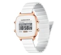GAOFAN HOUR Reloj deportivo digital impermeable para mujer con alarma, calendario, cronómetro, cronógrafo, caja cuadrada clásica, Oro rosa y blanco