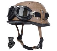 GAOFZHAO Casco de Motocicleta Retro de Medio Casco de Cuero sintético con Gafas, homologación Dot/ECE, Visera con Hebilla de liberación rápida, Casco Jet Unisex for Adultos.(F,XXXL(63~65CM))