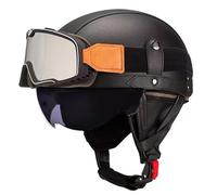 GAOFZHAO Casco de Motocicleta Vintage de Cuero de Media Carcasa con certificación Dot/ECE y Gafas con Hebilla de liberación rápida, Jet de Media Carcasa for Adultos, Motocicleta Cruiser(A72,S)