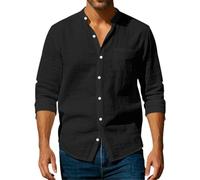 GaoLeAve Camisa de algodón y lino para hombre, manga larga, casual, ligera, transpirable, para verano, playa, cuello mandarín, color liso, Negro, L