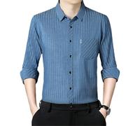 GaoLeAve Camisa de manga larga de algodón y lino de manga larga para hombre de primavera y otoño a rayas de negocios con botón formal de morera camisas de seda, azul claro, XL